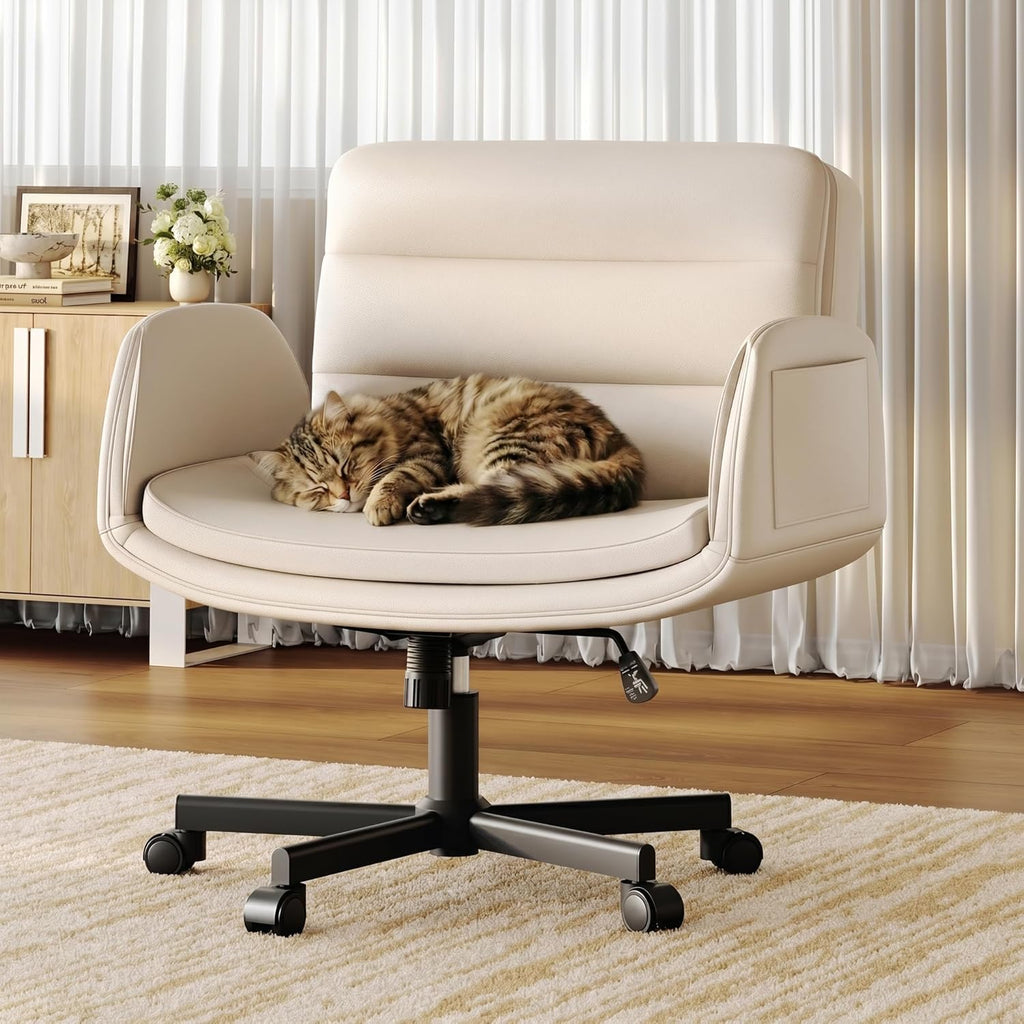 Criss Cross Chair with Flip-Up Arms & Swivel Wheels, Vanity Chair with Adjustable Height & Side Pockets, Comfortable Wide Seat Reclining Computer Office Desk Chairs for Home Office, Make Up, Bed Room