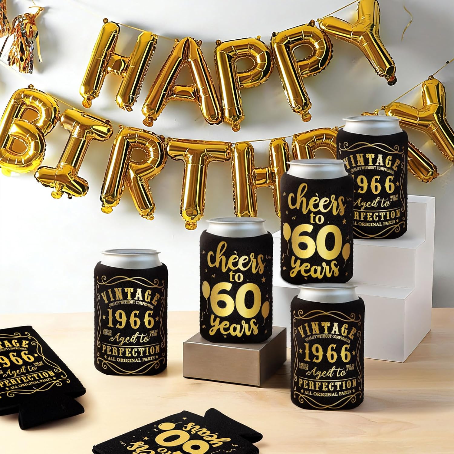 12Pack 60th Vintage Birthday Can Sleeves, Cheers to 60 Years Vintage 1966 60th Party Favor Decorations, Black and Gold Neoprene Soda Can Beverage Cooler Holder Sleeves for Sixty Year Old