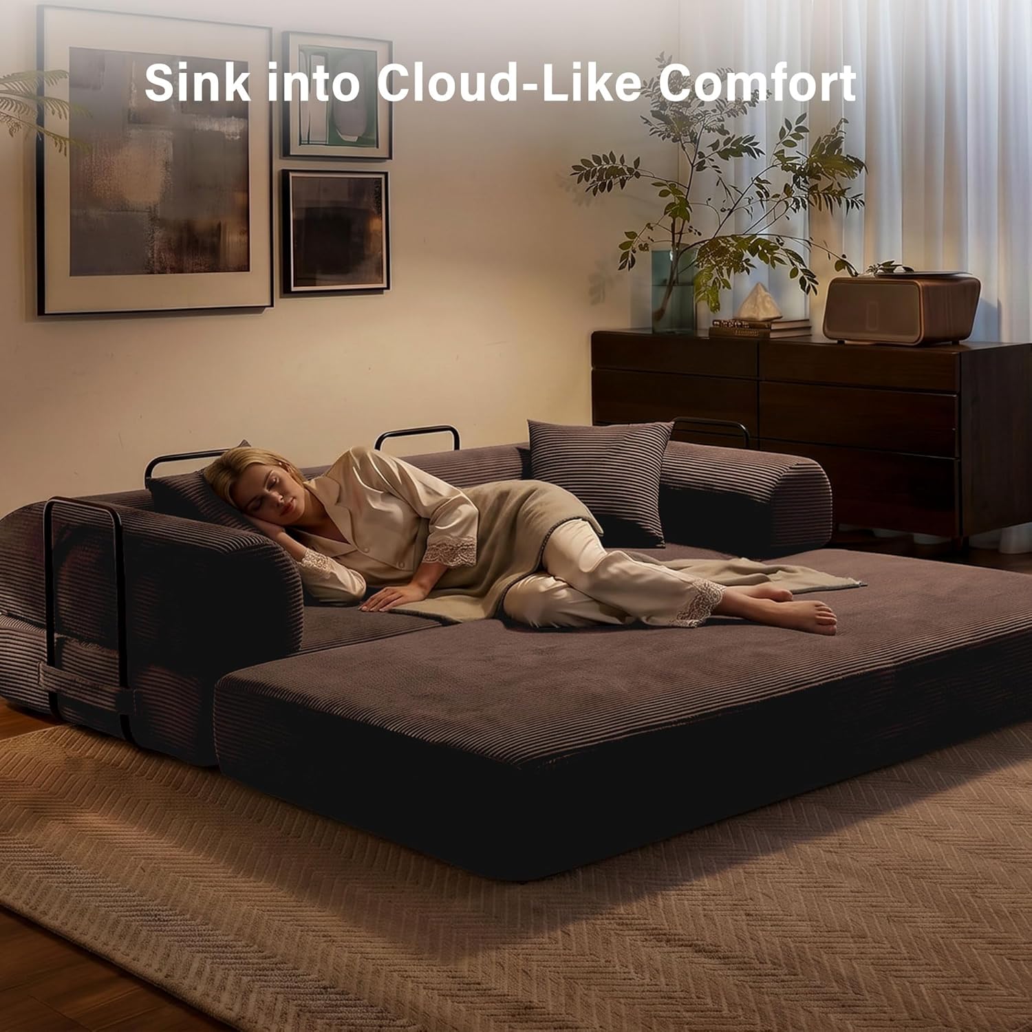 79" Convertible Sofa Bed, 5-in-1 Corduroy Boneless Couch Bed Sofa Pull Out, Memory Foam Couch, No Assembly Futon Couches for Living Room (Brown)