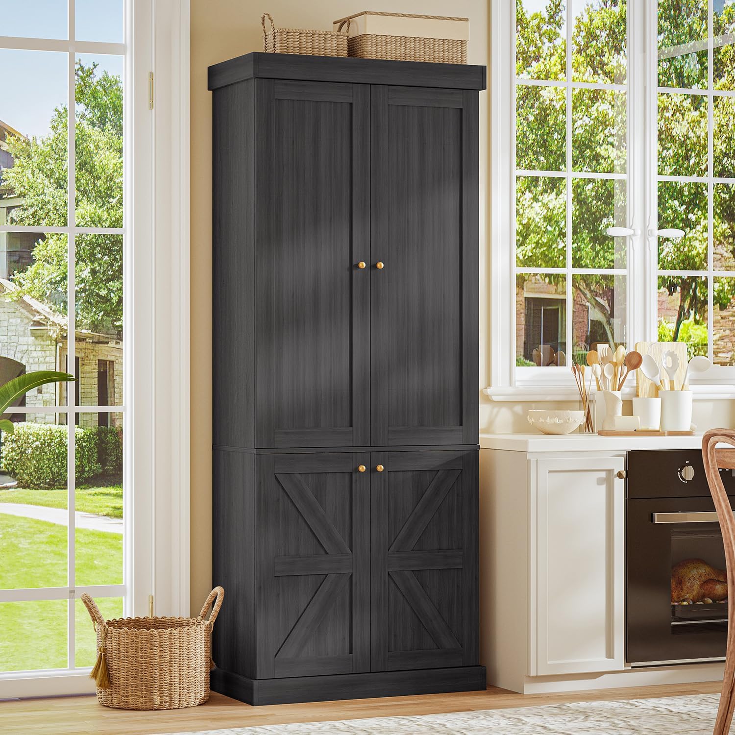 Vyre 70.8" Tall Kitchen Pantry Cabinet with Doors, Farmhouse Modular Storage Cabinet with 4-Tier Adjustable Shelves, Large Storage Cabinet for Kitchen or Living Room, Set of 2, Black