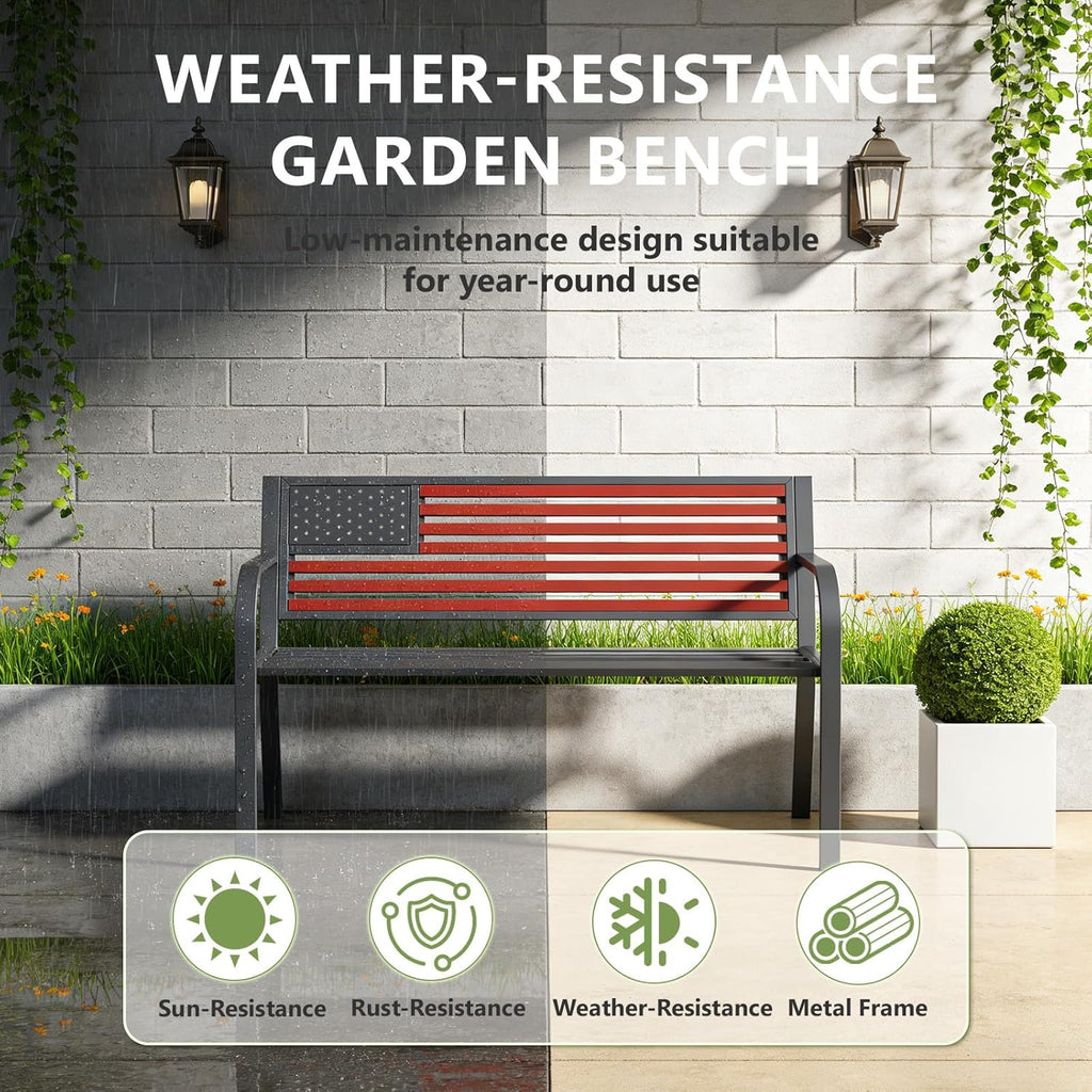 Outdoor Bench, Sturdy Metal Garden Bench with Classic Stars and Stripes Design Metal Backrest, 2-Person Patio Bench for Outside Seating, Cast Iron Steel Porch Yard Lawn Furniture, Red