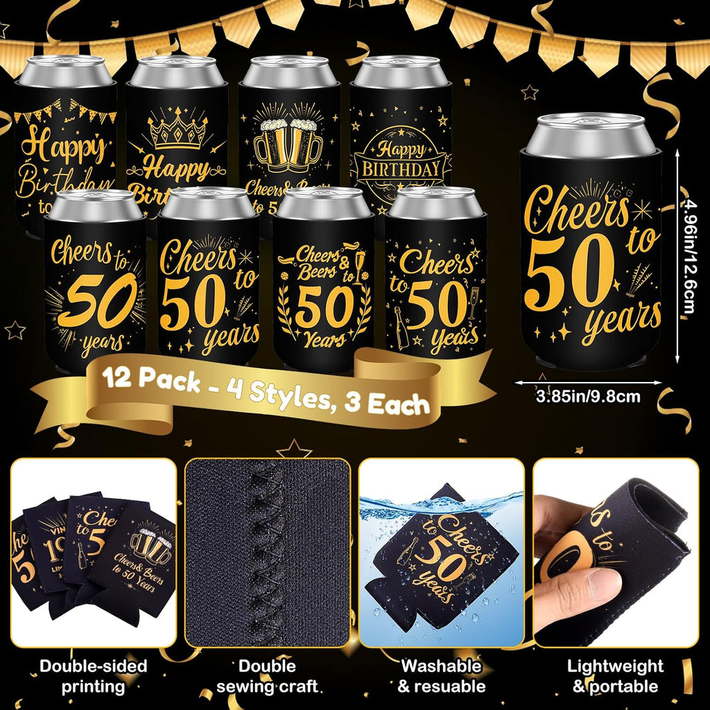 50th Birthday Can Cooler Sleeves for Soda, Beer, Beverages, 12 Pack Neoprene Can Sleeves, 50th Birthday Party Decorations and Party Favors for Women, Men, Black & Gold, 4 Design