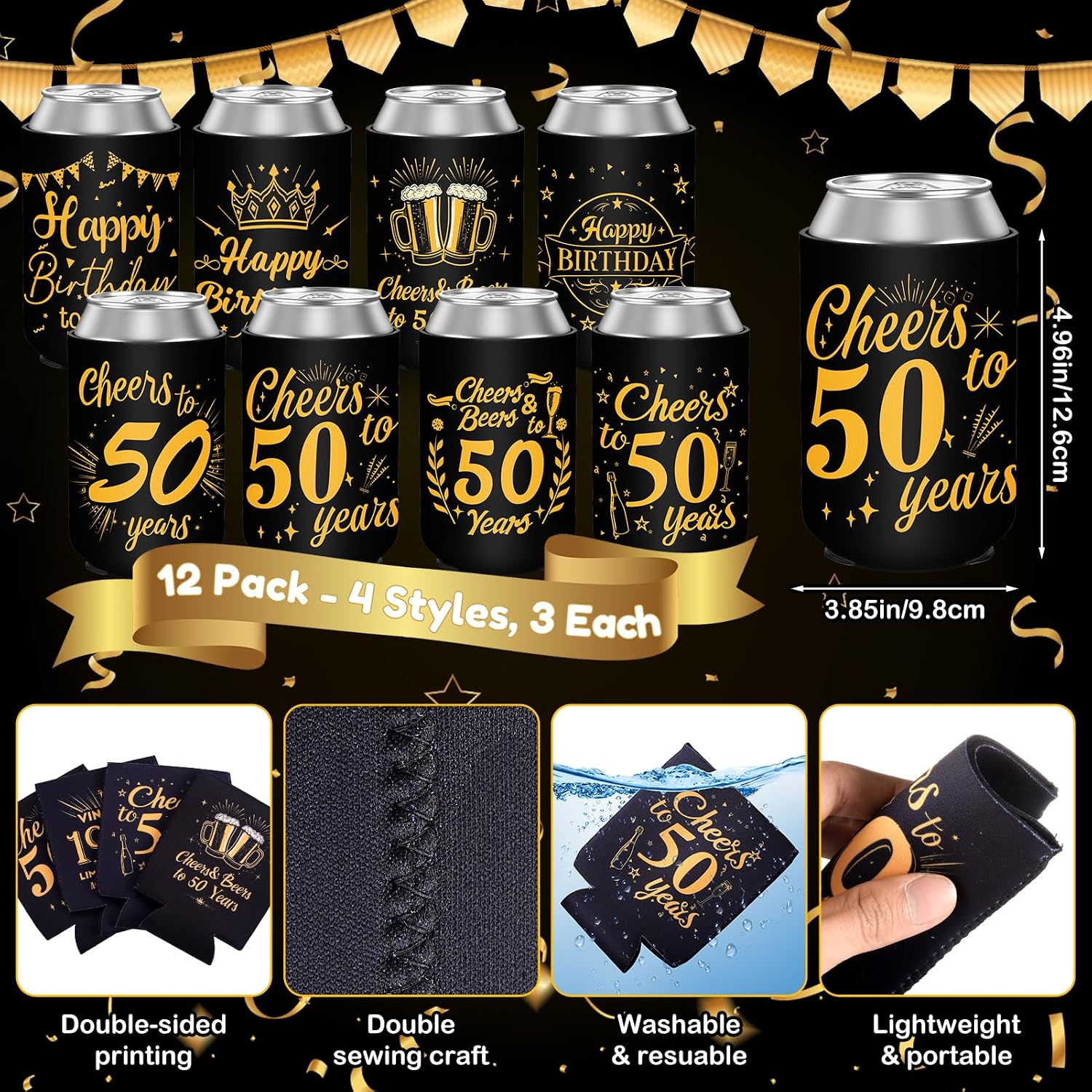 50th Birthday Can Cooler Sleeves for Soda, Beer, Beverages, 12 Pack Neoprene Can Sleeves, 50th Birthday Party Decorations and Party Favors for Women, Men, Black & Gold, 4 Design