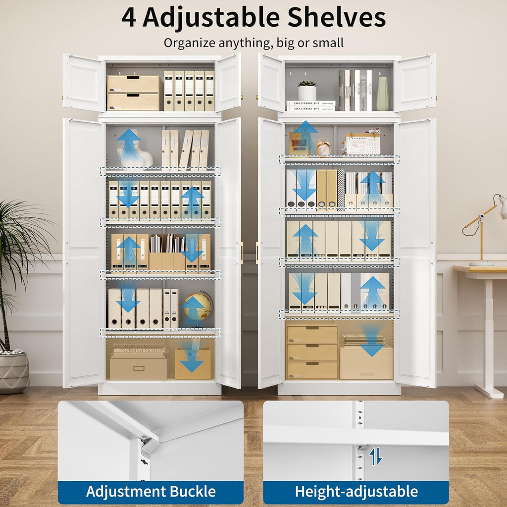 86" Tall Metal Kitchen Pantry Storage Cabinet with Doors and 4 Adjustable Shelves, Extra Large Heavy Duty Steel Storage Cabinet for Kitchen, Garage, Living Room, Pantry Cupboard, White (2 Packages)