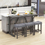 COSTWAY 4-Piece Farmhouse Bar Table Set with Power Outlet, Counter Height Dining Table Set w/ 3 Upholstered Stools, Wood Console Table Set for Kitchen, Dining Room, Living Room (Gray)