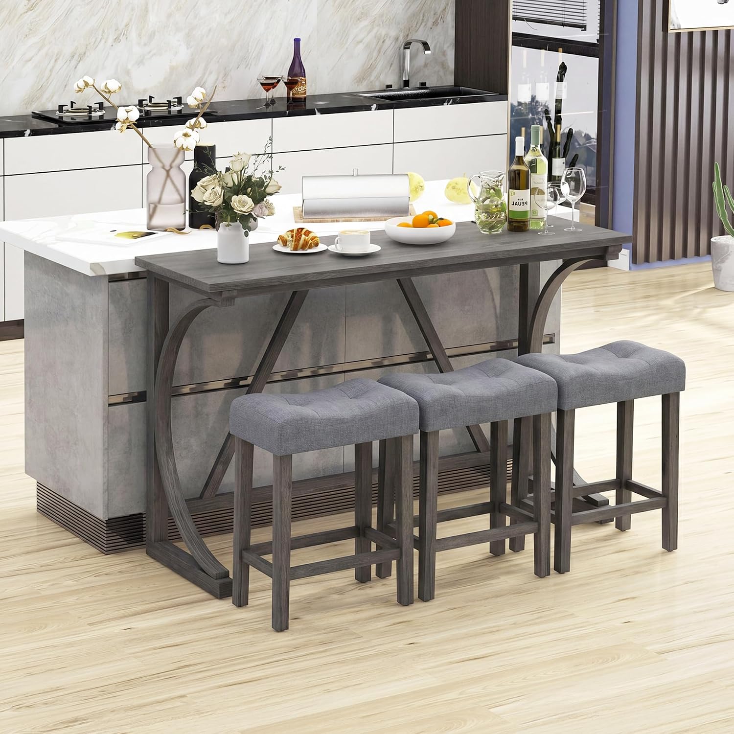 COSTWAY 4-Piece Farmhouse Bar Table Set with Power Outlet, Counter Height Dining Table Set w/ 3 Upholstered Stools, Wood Console Table Set for Kitchen, Dining Room, Living Room (Gray)