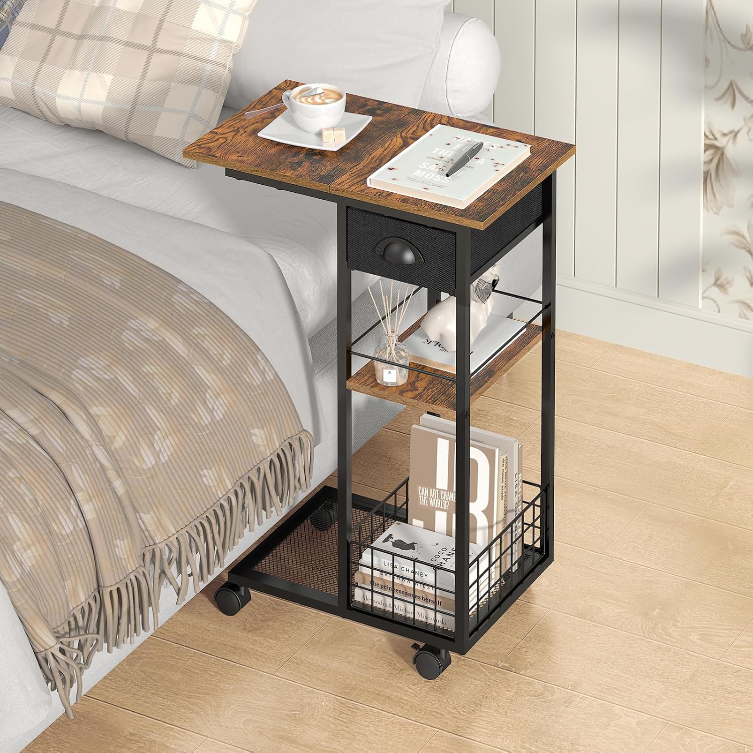 Hayexiha 3-Tier Side Table with Wheels and 360° Rotation, C Table with Drawer, End Table for Couch, Space Saving Small Desk for Narrow Space, TV Tray, Vintage Bedside Table for Living Room, Bedroom