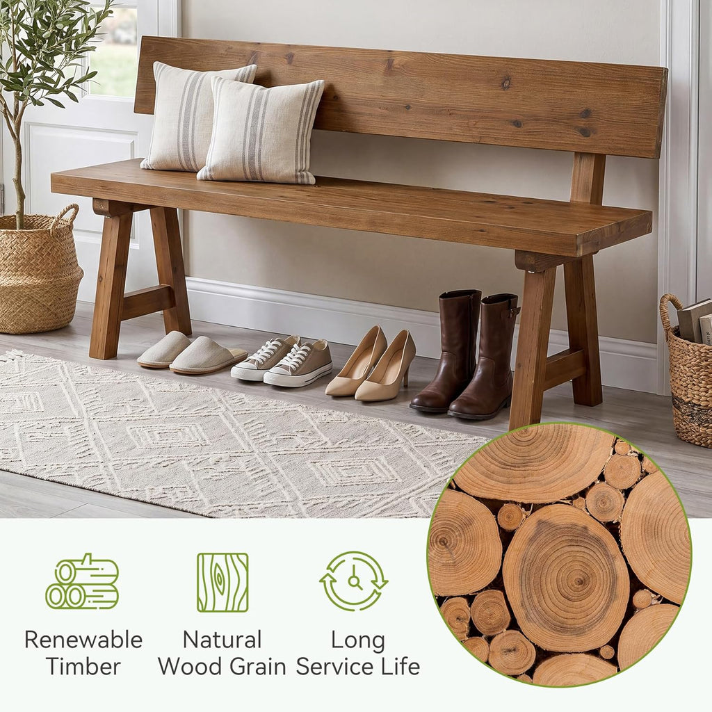 LITTLE TREE Solid Wood Bench with Back, 47-Inch Long Farmhouse Wooden Indoor Window Bench Seat for Entryway, Mudroom, Living Room, Easy Assembly, Rustic Brown