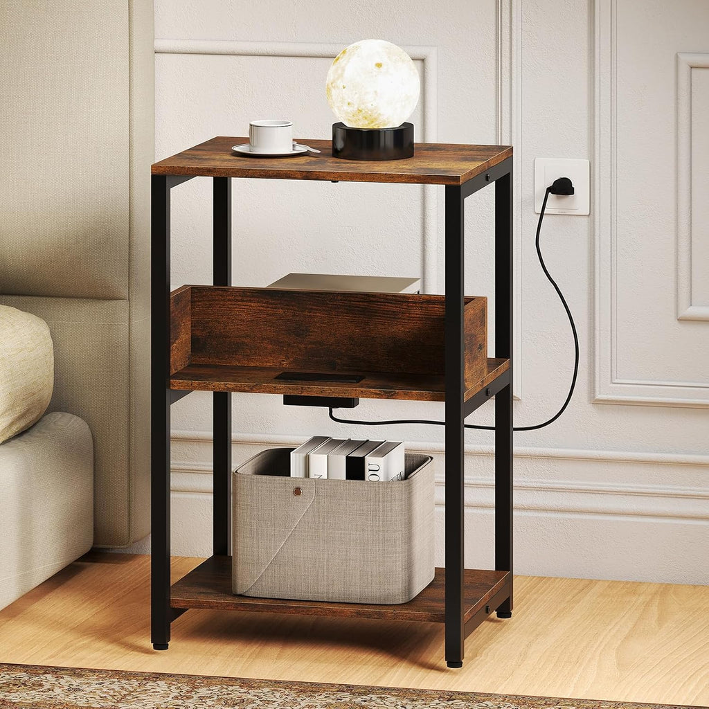 Giantex Side Table with Charging Station - Industrial 3-Tier Bedside Table w/Open Storage Shelves, Sofa End Tables Night Stands for Small Spaces Living Room Bedroom Home Office, Rustic Brown (1)