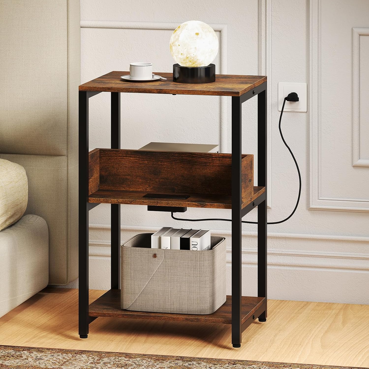Giantex Side Table with Charging Station - Industrial 3-Tier Bedside Table w/Open Storage Shelves, Sofa End Tables Night Stands for Small Spaces Living Room Bedroom Home Office, Rustic Brown (1)