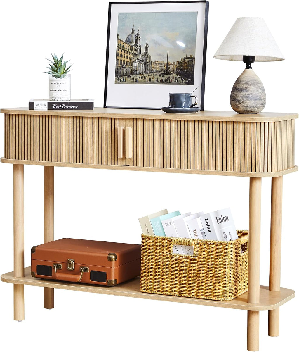 RARZOE Console Table with Storage, Fluted Entryway Table with Sliding Door&Open Shelf, Sofa Table Behind Couch, Mid-Century Modern Accent Table for Hallway, Entrance, Foyer, Fully Assembled(Natural)