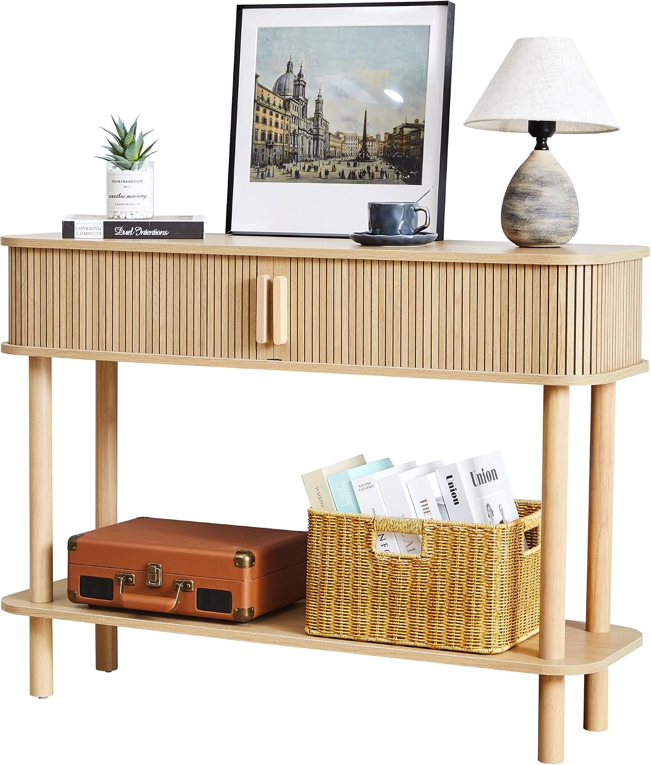 RARZOE Console Table with Storage, Fluted Entryway Table with Sliding Door&Open Shelf, Sofa Table Behind Couch, Mid-Century Modern Accent Table for Hallway, Entrance, Foyer, Fully Assembled(Natural)