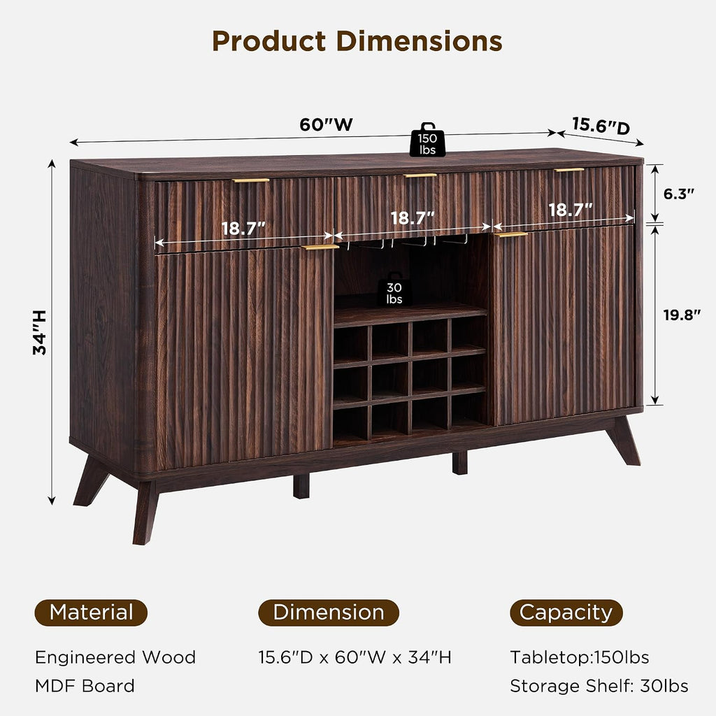 OKD Fluted Wine Bar Cabinet, 60" Wide Modern Buffet Sideboard with Ample Storage - 2 Side Cabinets, 3 Drawers, 4 Glass Holders & 12 Wine Racks, Coffee Bar Cabinet for Kitchen, Dining Room, Dark Walnut
