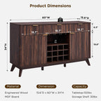 OKD Fluted Wine Bar Cabinet, 60" Wide Modern Buffet Sideboard with Ample Storage - 2 Side Cabinets, 3 Drawers, 4 Glass Holders & 12 Wine Racks, Coffee Bar Cabinet for Kitchen, Dining Room, Dark Walnut