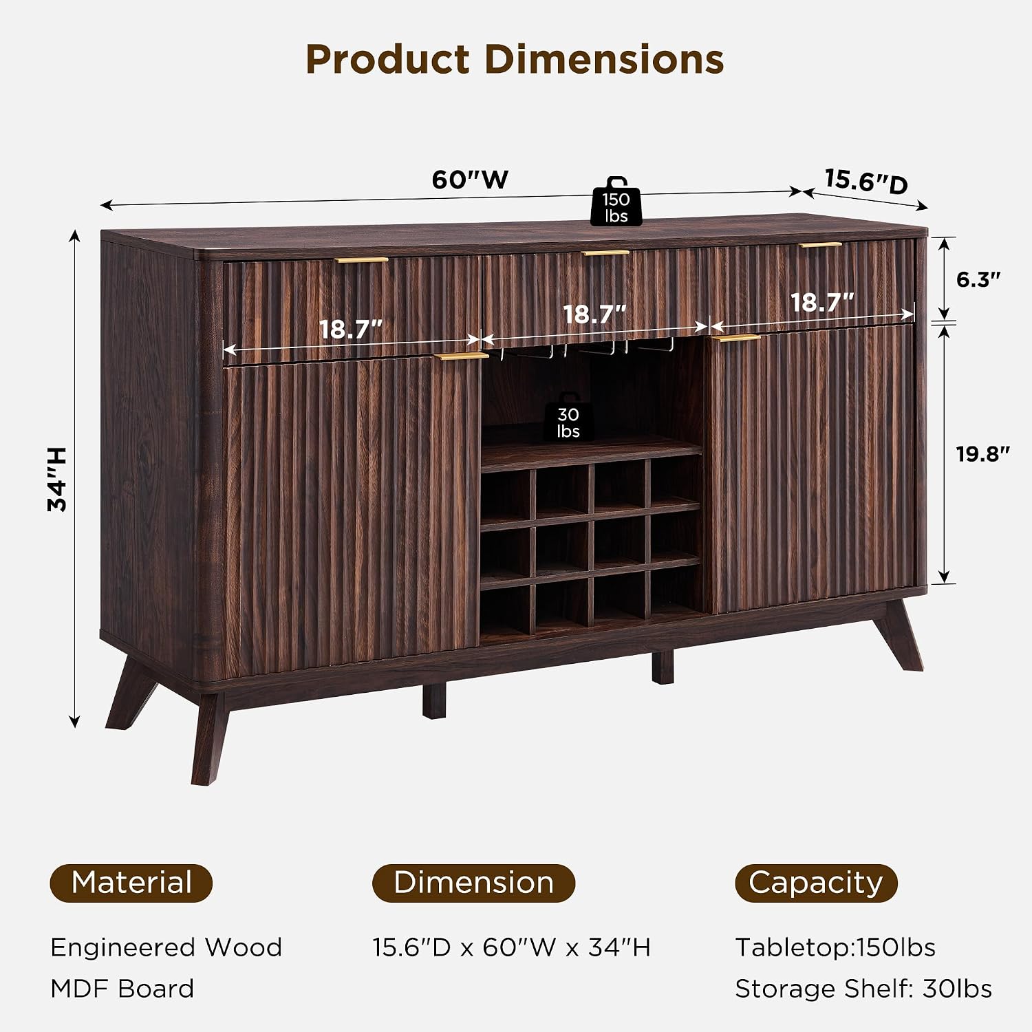 OKD Fluted Wine Bar Cabinet, 60" Wide Modern Buffet Sideboard with Ample Storage - 2 Side Cabinets, 3 Drawers, 4 Glass Holders & 12 Wine Racks, Coffee Bar Cabinet for Kitchen, Dining Room, Dark Walnut
