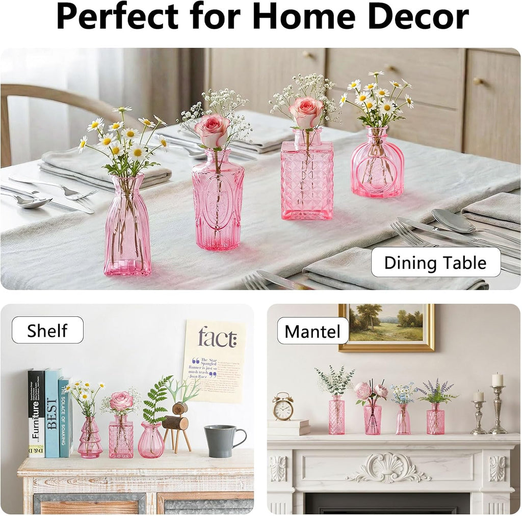 RUCKAE 12 Pack Glass Bud Vases Mini Flower Vase Small Vintage Vases for Centerpiece Table Wedding Decorations Home Decor Party(Pink)