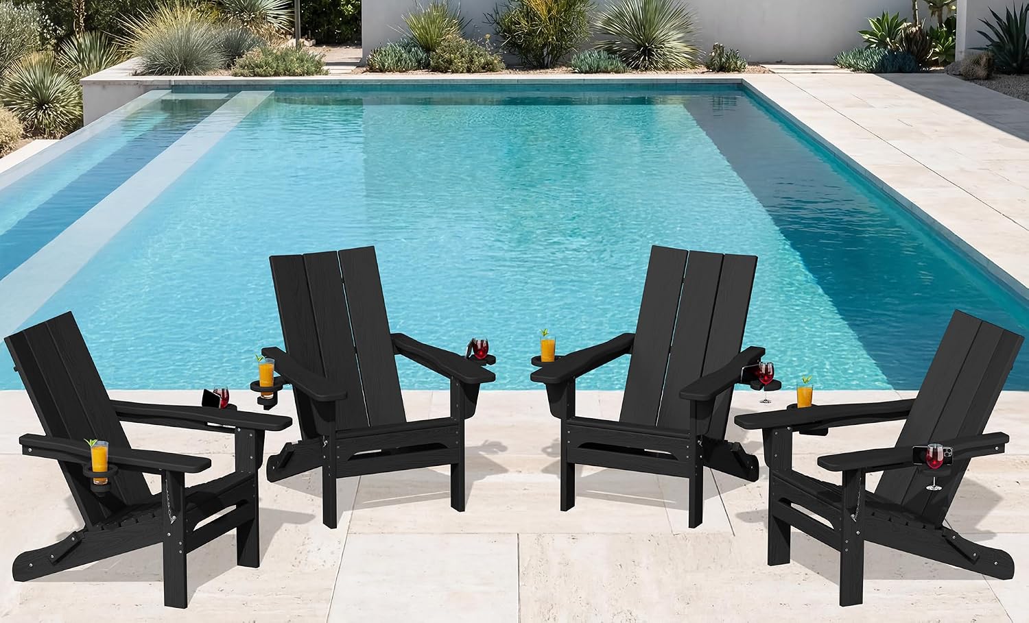 SERWALL Double Cups Adirondack Chair Set of 4, Folding Modern Adirondack Chairs, HDPE Outdoor Adirondack Chair for Patio, Black