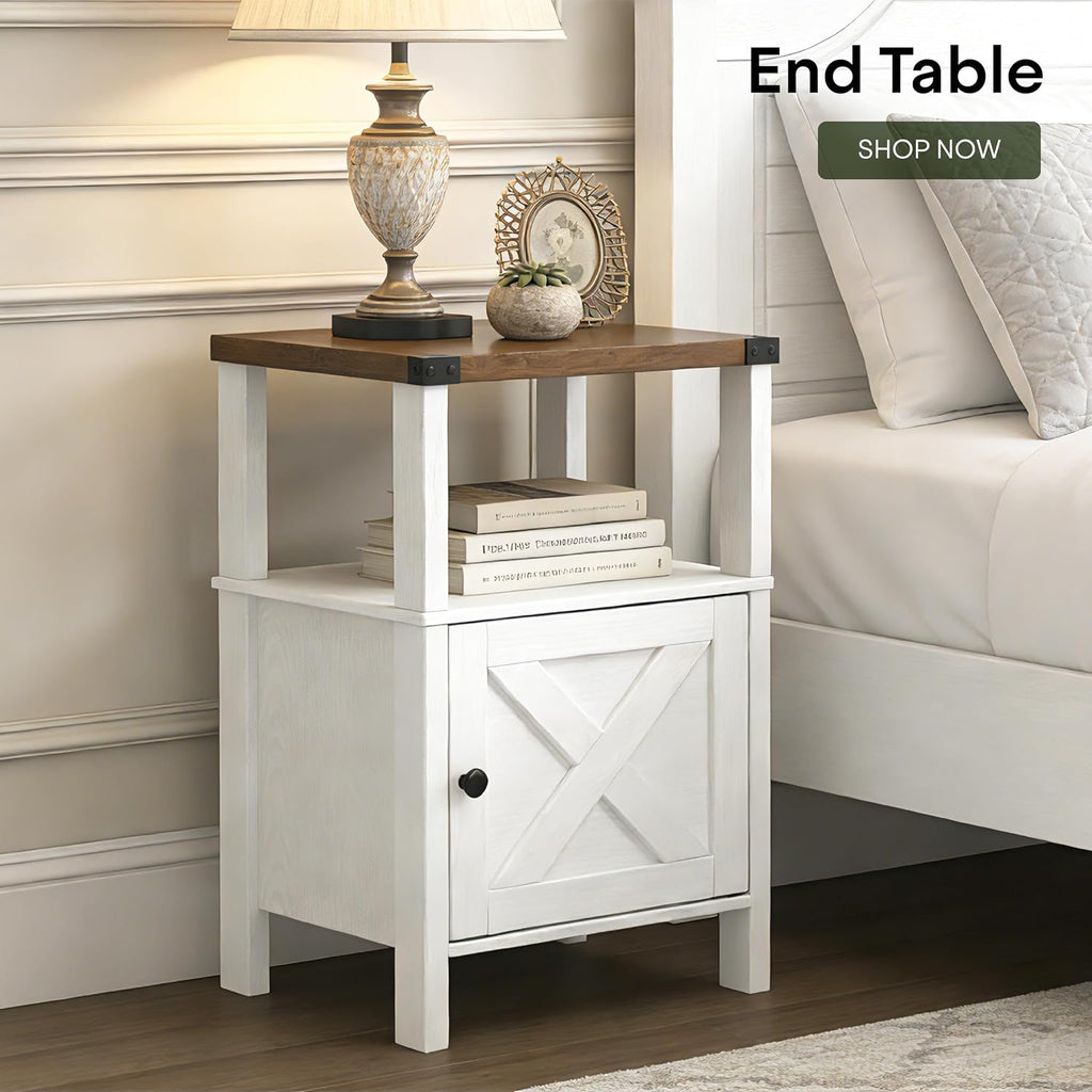 Set of 2 Farmhouse Nightstands, Sofa Side End Table with Storage, Wood Bedside Table with Barn Door for Bedroom Living Room Rustic Vintage White