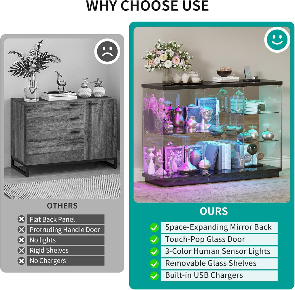 RGB Glass Display Cabinet - with Human Body Sensor, High Gloss Sideboard with Lock & Glass Shelves for Toys, Books, Collectibles, Liquor, Bookcase for Living Room, Kitchen, Study, Black