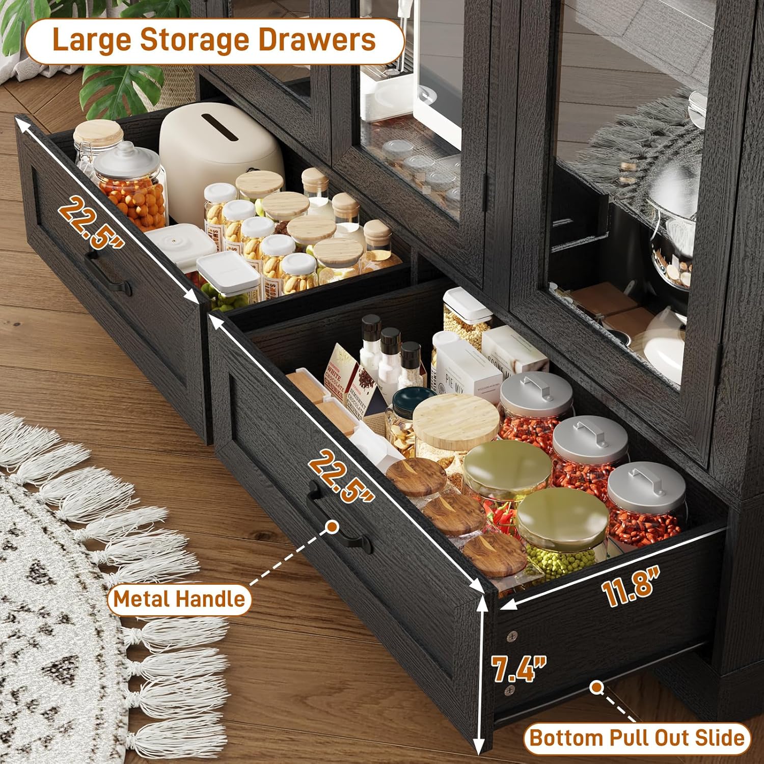 73" Tall Arched Kitchen Pantry Cabinet w Load-Bearing Steel Pipe,Modern Farmhouse Kitchens Storage Cabinet with Drawer and Glass Doors,Tall Arched Bookcase,Pantry Organizer(Woodgrain Black)