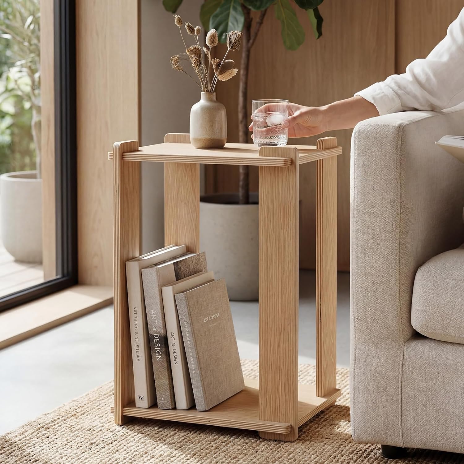 Wood Side Table, Tool-Free Mortise and Tenon Boho Japandi Night Stand, Light Wooden Natural Finish (Oak)
