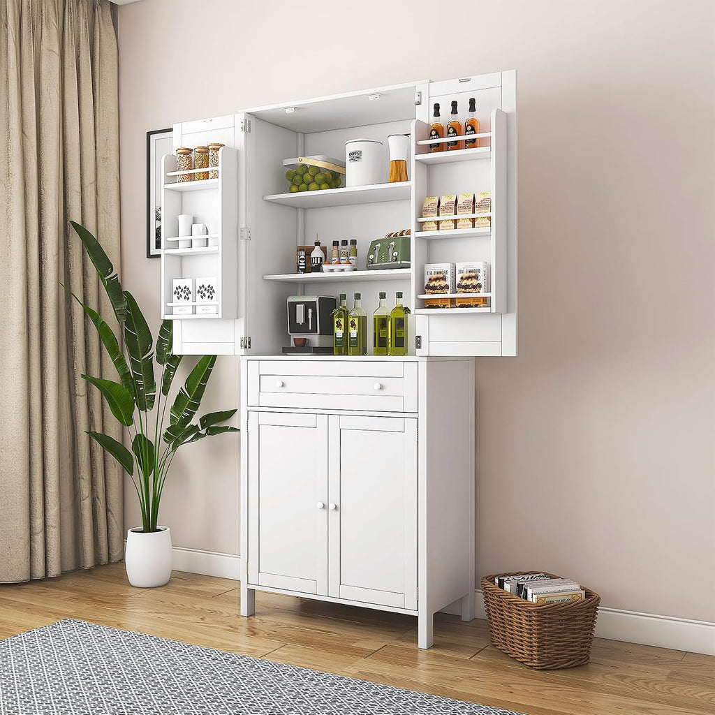 70.87" Tall Kitchen Pantry Storage Cabinet with 4 Doors and Drawer, White Wood Cupboard Locker with and Adjustable Shelves for Kitchen, Dining Room, Living Room, 29.53 inch
