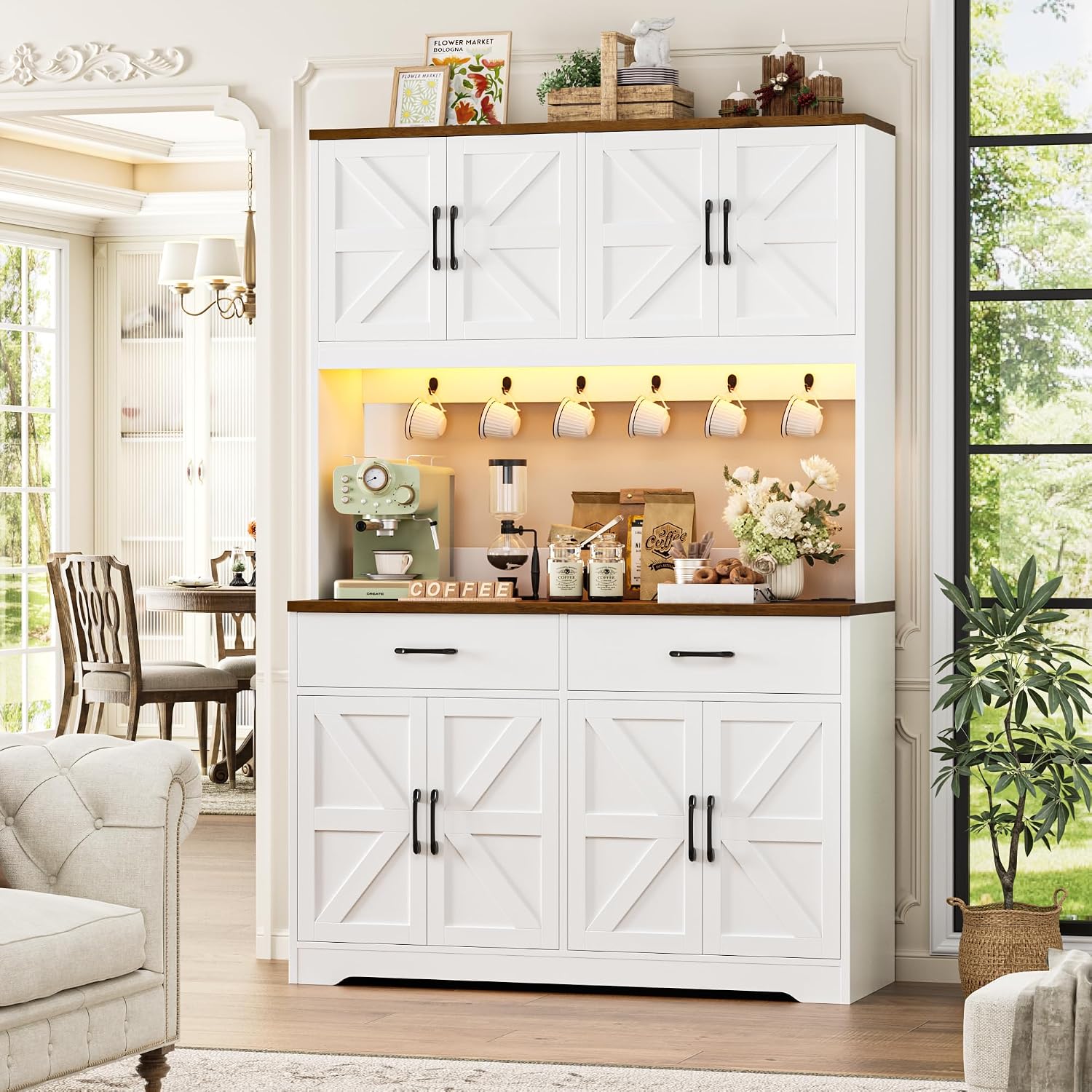HIFIT 71" Tall Kitchen Pantry Cabinet with RGB LED and Charging Station, Farmhouse Coffee Bar Cabinet with Large Countertop and 6 Hooks, Kitchen Hutch Storage Cabinet, White