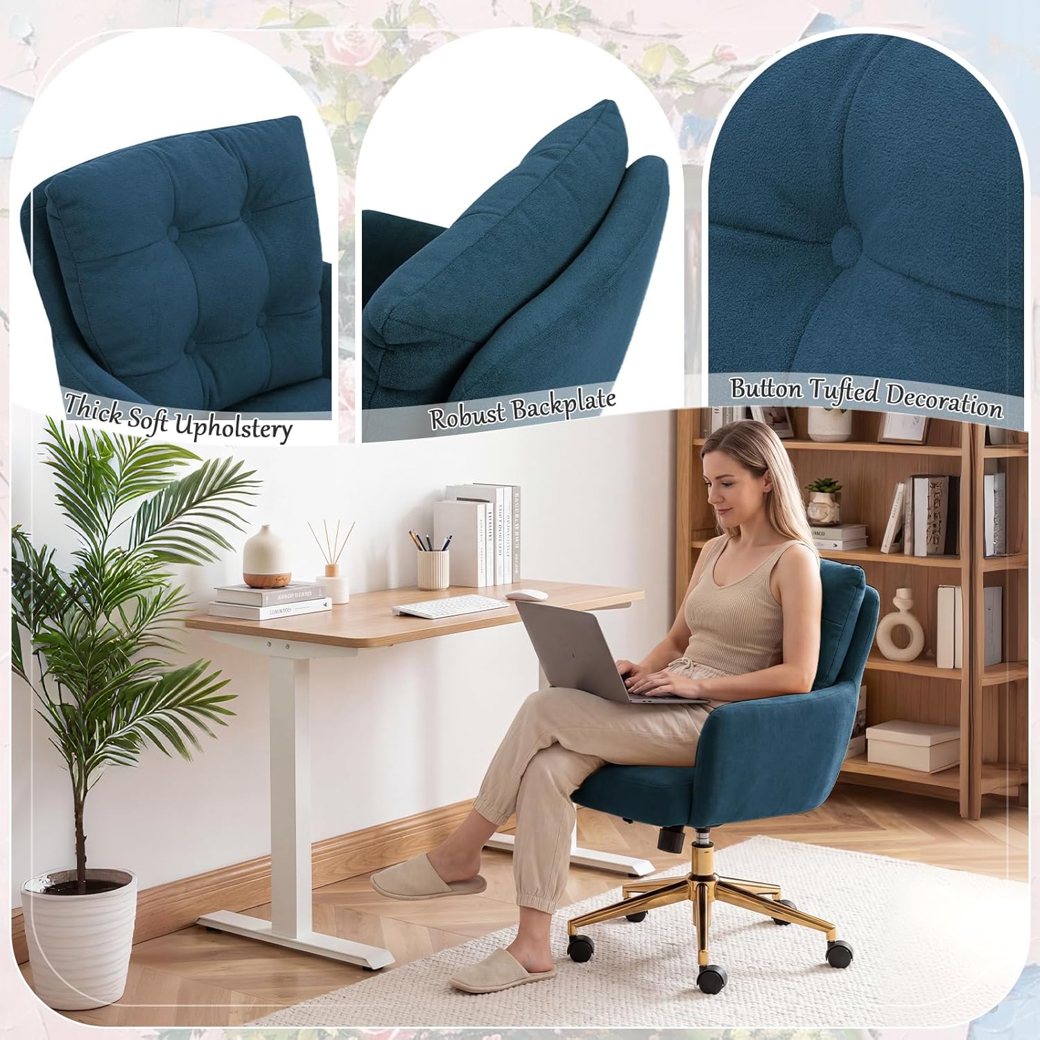 Modern Home Office Chair Velvet Desk Chair Accent Armchair Gold Legs Swivel Task Chair with Wheels Ergonomic Lumber and Back Support, Height Adjustable Flip-up for Living Room, Bedroom, Office,Study