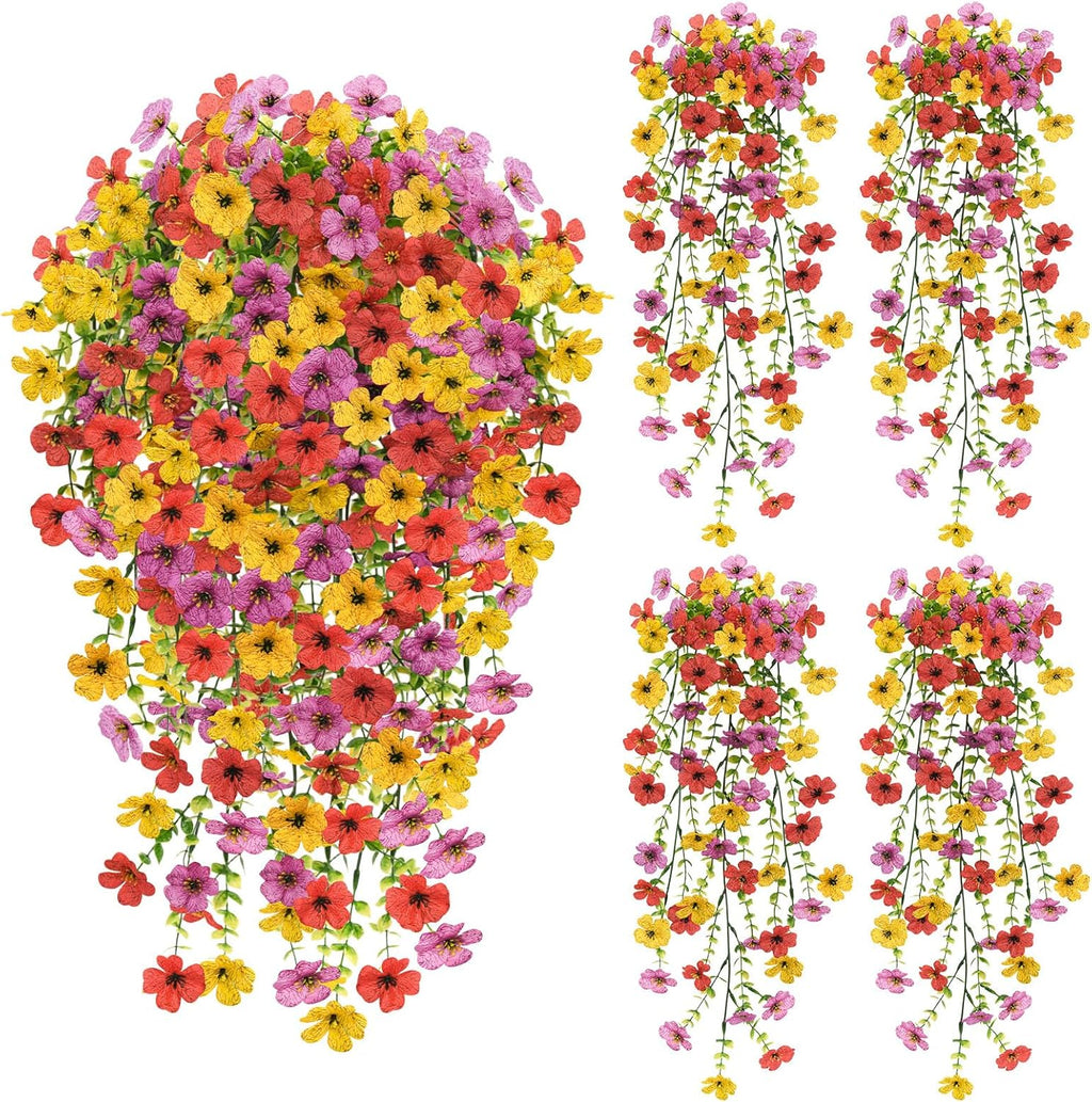 4 Pcs Artificial Flowers for Outdoors Summer Decor, URealistic Fake Flowers UV Resistant Hanging Flowers Silk Faux Plants for Outside, Garden, Yard,Porch, Wall Home Indoor (Mix Color)