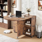 Jocoevol Round Folding Dining Table for 4, Space Saving Drop Leaf Kitchen Table with Storage Drawer, 6 Wheels Oval Gateleg Foldable Dining Table for Small Spaces(Vintage 47 * 23.6 * 30)