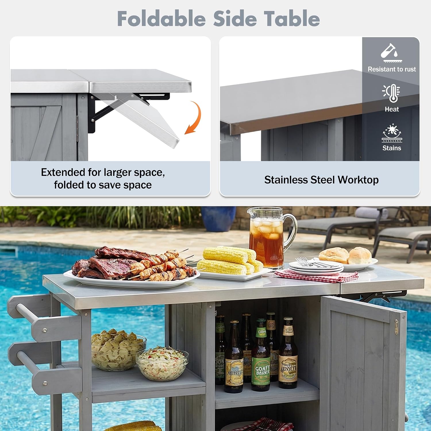 40 Sturdy Fir Wood Garden Table for Planting, Planter Bench with Foldable Top, Outdoor Storage Cabinets with Lockable Wheels for Patio Cooking, Grey