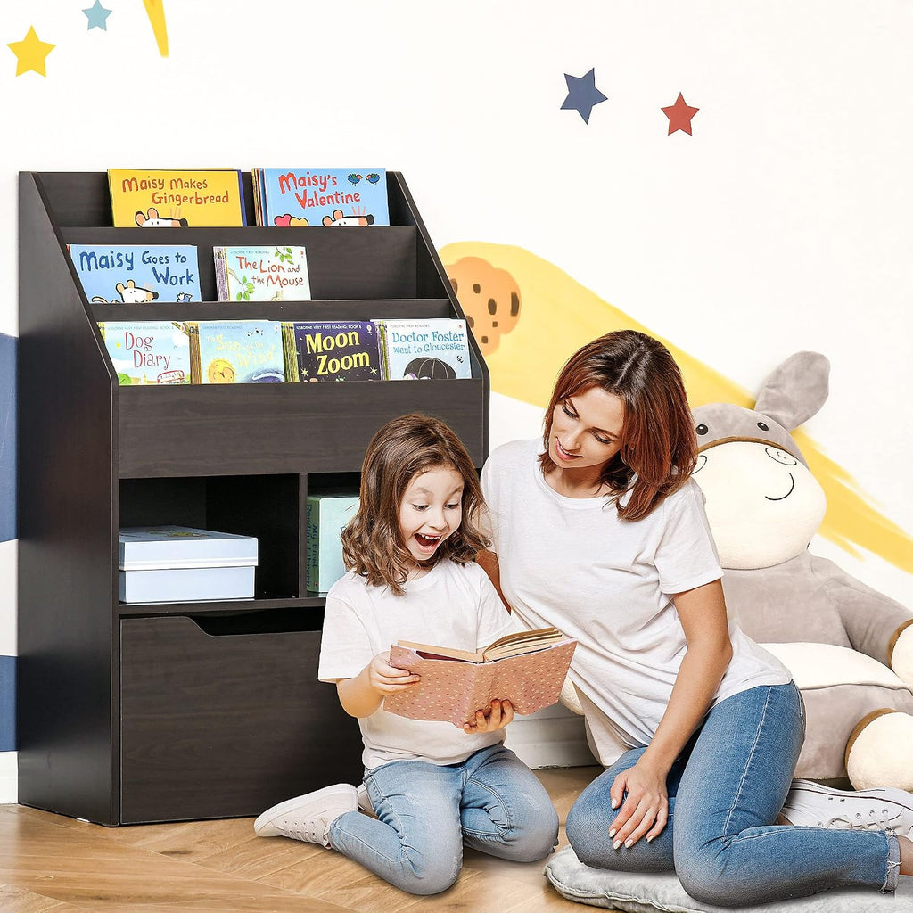 HOMCOM Kids Bookcase Multi-Shelf Rack Organizer with Storage Drawer for Books, Playroom, Brown