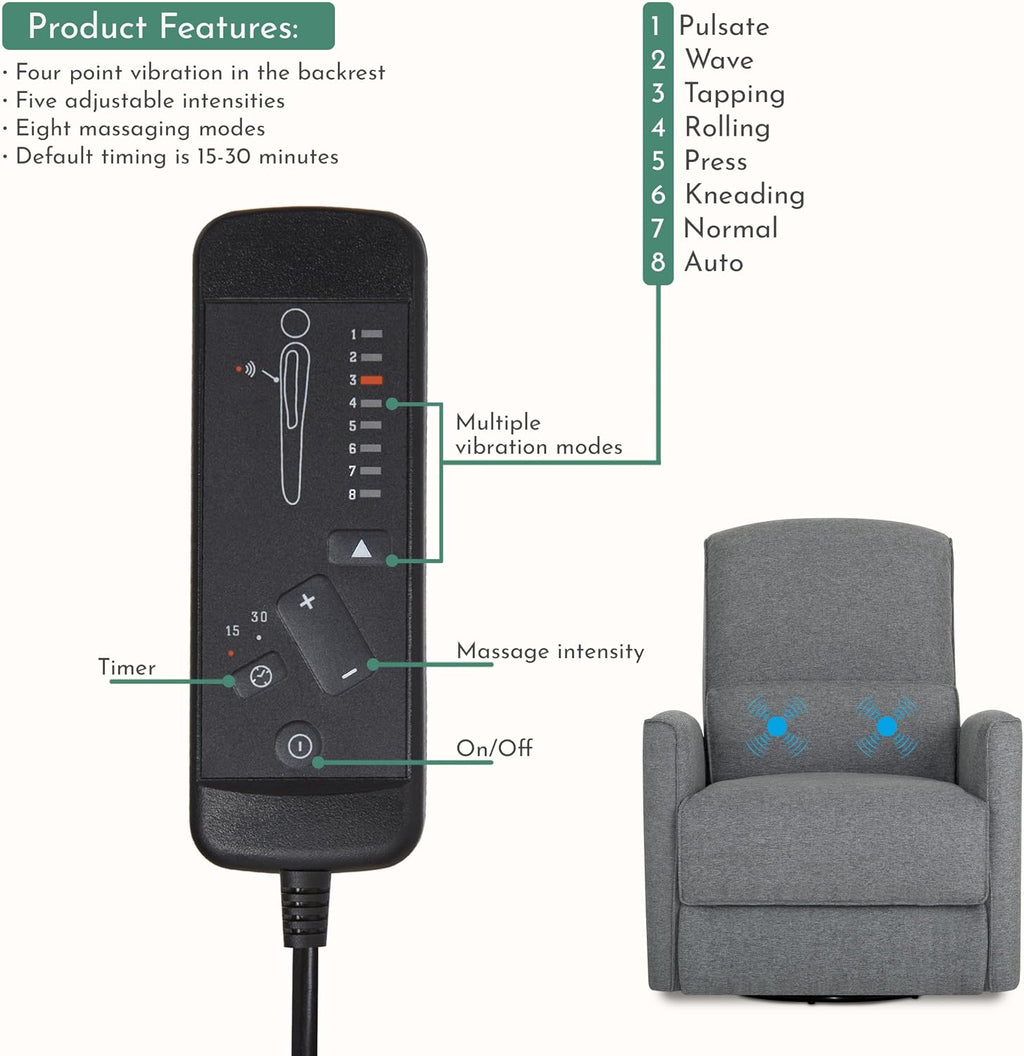 Evolur Belmont Nursery Glider Chair with Massager in Cosmic Grey, Power Recliner with 275° Swivel, Lumbar Support Modern Rocking Chair for Baby Room, Nursery & Living Room
