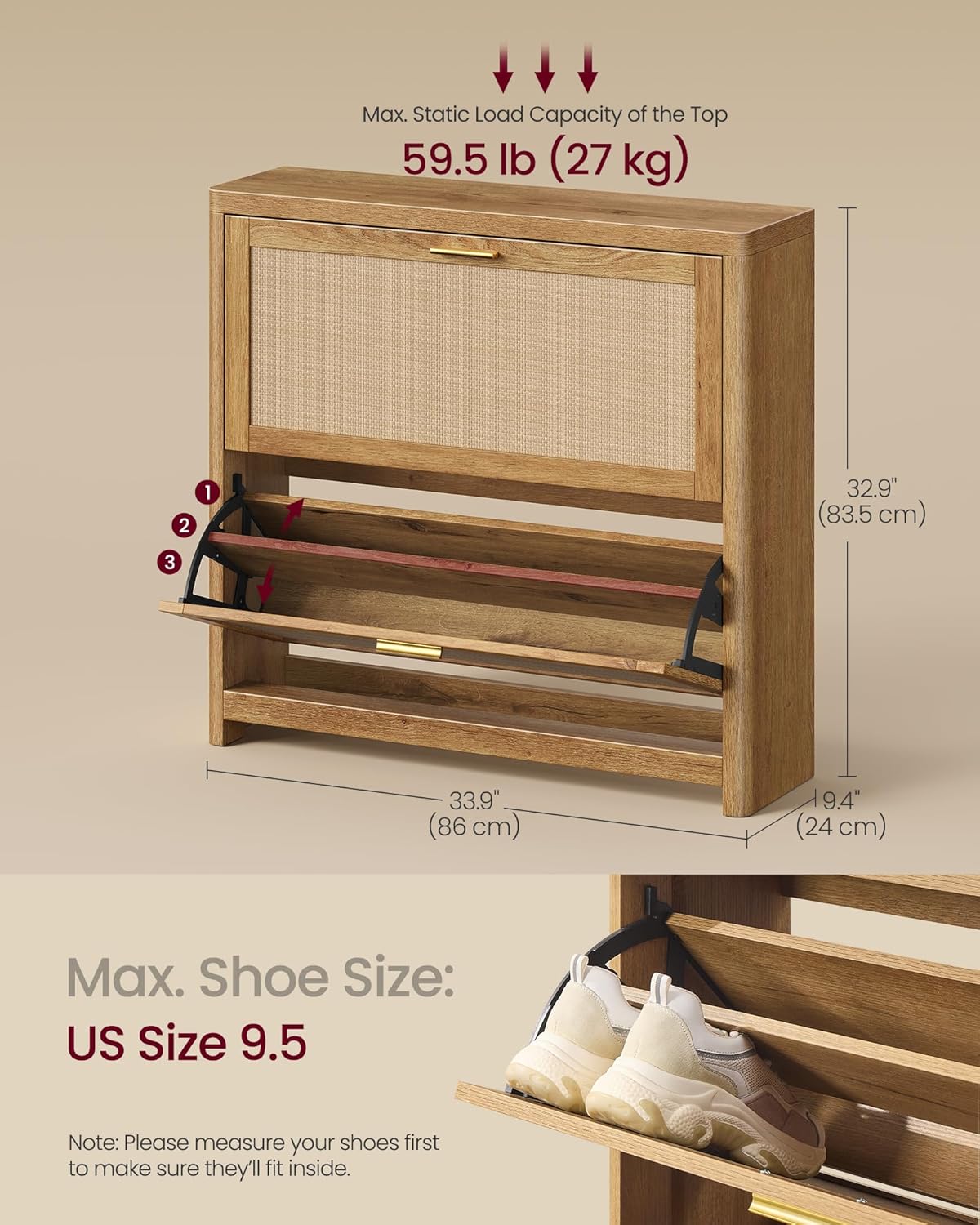 VASAGLE ELLAN Collection - Boho Shoe Storage Cabinet for Entryway Slim, Entry Shoe Cabinet with Rattan-Look Flip Drawers, Rounded Corners, Narrow for Entrance, Natural Brown UHSC601KC01