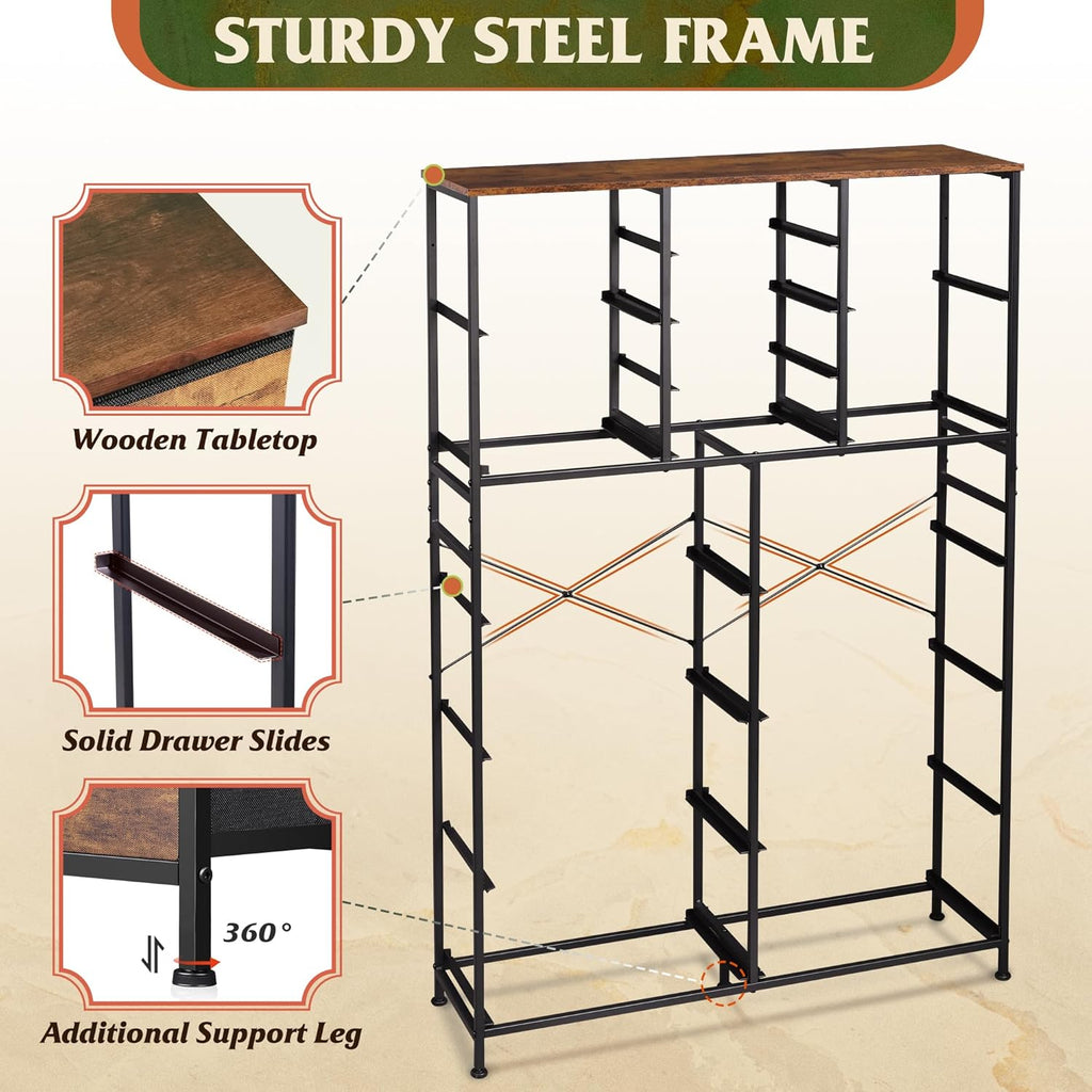 Tall Console Table with 16 Fabric Drawers, Entryway Table with Storage, Large Storage Organizer with Wood Top, Steel Frame for Living Room, Hallway, Office, Rustic Brown
