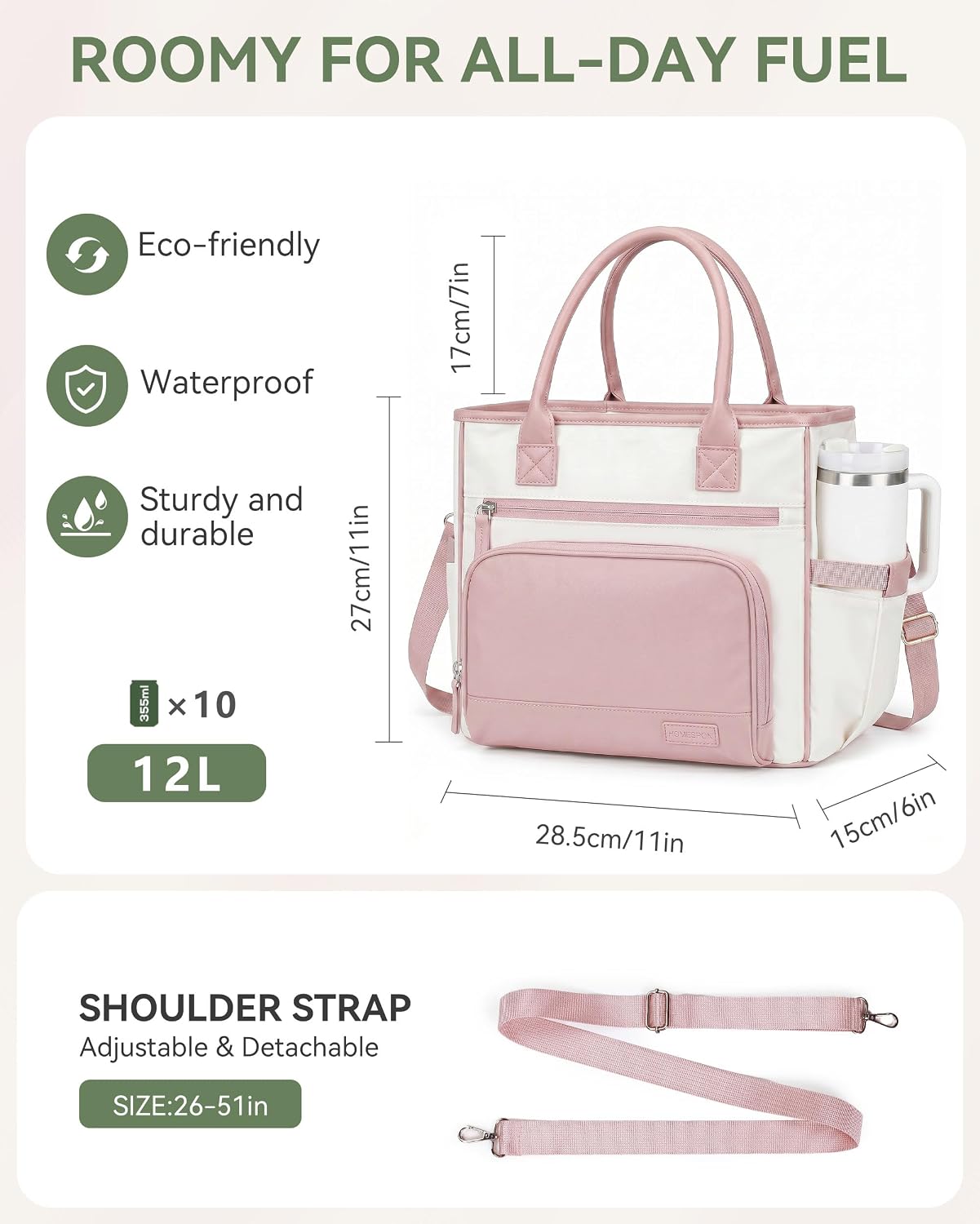 HOMESPON Insulated Lunch Bag Women Wide Opening Adult Lunch Box Large Leakproof Cooler Bag for Work Picnic Beach Family College Lunch Teacher Tote Bag with Adjustable Shoulder Strap Cup Holder(Pink)