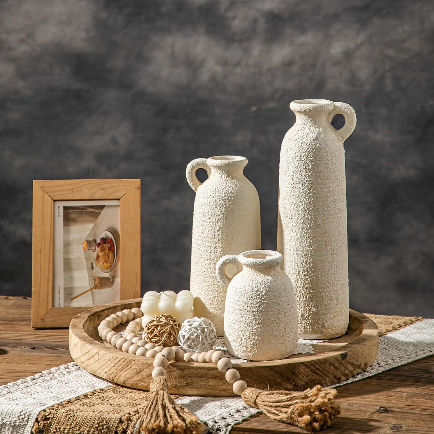 White Ceramic Vase Set of 3, Modern Rustic Flower Vases, Matte White Bohemian Decor, Farmhouse Home Decor for Living Room Kitchen Table Centerpieces Bedroom Shelf