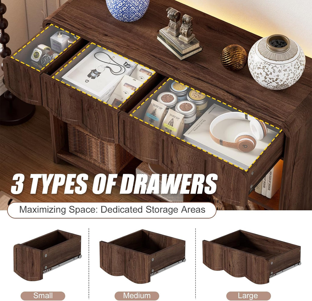PAKASEPT Retro Entryway Table with RGB LED Lights, 43" Walnut Console Table with 3 Drawers & 2 Open Storage Shelves, Mid-Century Modern Hallway Accent Tables Behind Couch Table for Living Room