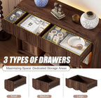 PAKASEPT Retro Entryway Table with RGB LED Lights, 43" Walnut Console Table with 3 Drawers & 2 Open Storage Shelves, Mid-Century Modern Hallway Accent Tables Behind Couch Table for Living Room