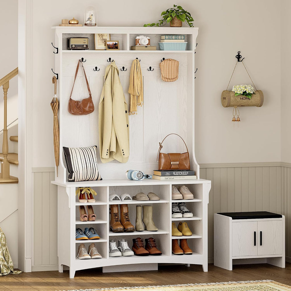 IRONCK 80" H 47" W Large Hall Tree with Bench and Shoe Storage, 6-in-1 Entryway Bench with Coat Rack, Adjustable Shelf, Hanging Hooks, 11 Shoe Cubby, 2 Tier Top Storage for Entryway and Bedroom, White