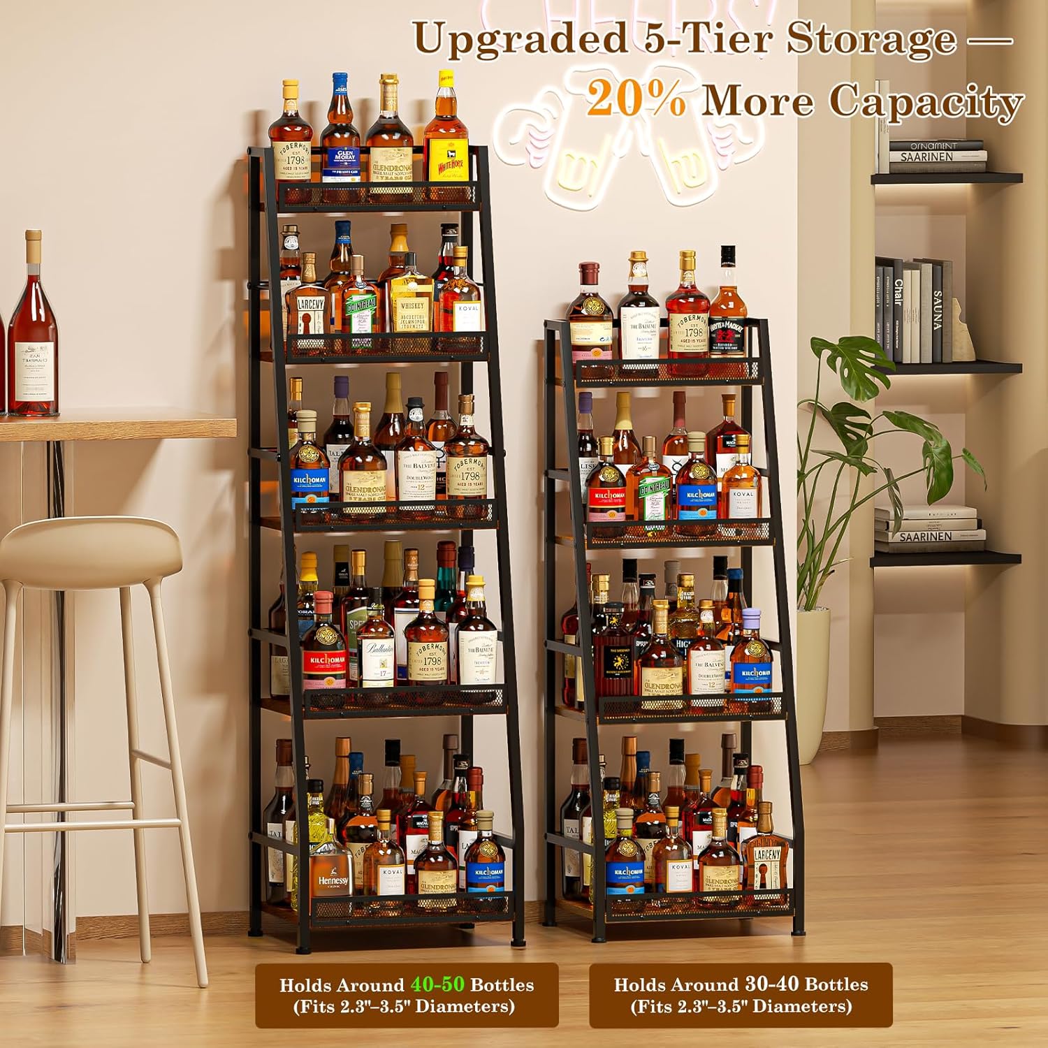 5-Tier Trapezoid Liquor Stand for Home Bar, Large-Capacity Liquor Cabinet Bar for Home, Stepped Wine Rack Freestanding Floor for Whiskey, Corner Wine Bottle Display Shelf with Fences for Living Room