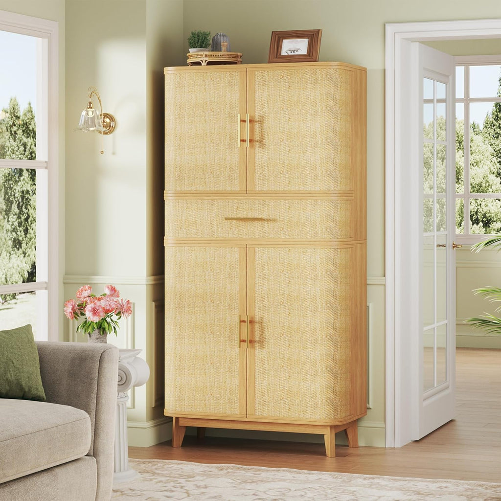 HUAHUU Kitchen Pantry Cabinet, 71" Tall Pantry Storage Cabinet with Rattan Doors, Large Drawer, Modern Curved Cabinets for Kitchen, Dining Living Room, 10 Compartment Wooden Food Pantry, Natural