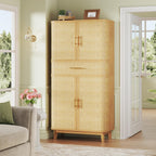 HUAHUU Kitchen Pantry Cabinet, 71" Tall Pantry Storage Cabinet with Rattan Doors, Large Drawer, Modern Curved Cabinets for Kitchen, Dining Living Room, 10 Compartment Wooden Food Pantry, Natural