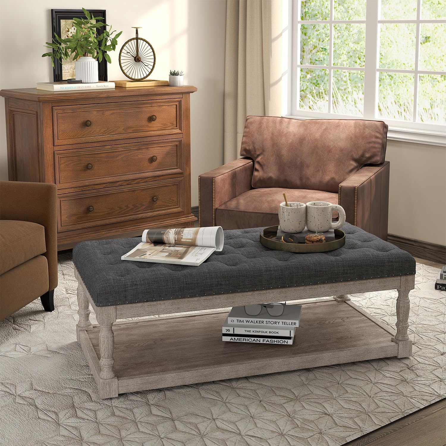 Ottoman Coffee Table, Large Rectangle Ottoman with Storage - Upholstered Cushioned Bench for Living Room, Tufted Linen Fabric with Solid Wood Shelf, Entryway Bench(Dark Gray)