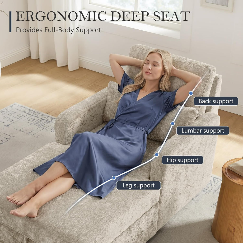 57.9" Oversized Chaise Lounge Chair Indoor, Chenille Reading Chair with Adjustable Backrest & Storage, Upholstered Comfy Sleeper Chair with 2 Pillows, Sofa Bed for Living Room, Bedroom, Camel
