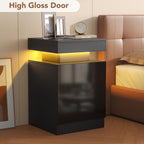 Nightstands Set 2, 15 Inches LED Night Stand Set of 2, Modern Bedside Table with LED Lights, High Gloss Surface, End Table with Storage for Bedroom, Black