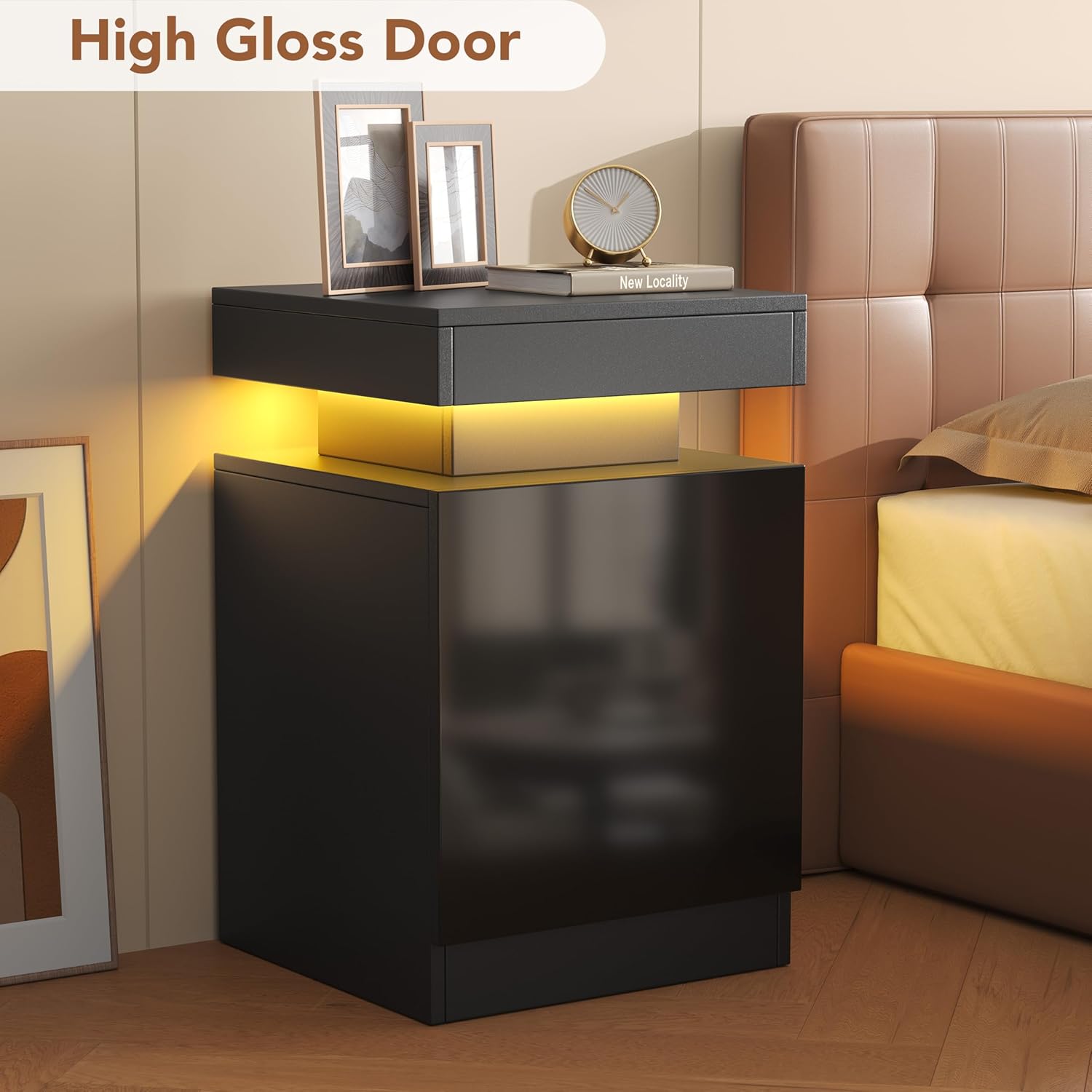 Nightstands Set 2, 15 Inches LED Night Stand Set of 2, Modern Bedside Table with LED Lights, High Gloss Surface, End Table with Storage for Bedroom, Black