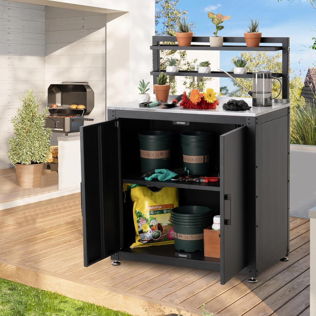 FEASTO Outdoor Potting Bench Table with Storage Cabinet, Stainless Steel Garden Workstation with Raised-Edge Top, Adjustable Shelf & Removable Hutch, Potting Table for Patio, Balcony, Black/Coffee