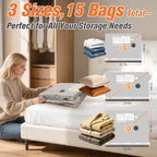 15 Pack Vacuum Storage Bags for Travel with Cordless Pump, Space Saver Bags for Clothes, Compression Packing Bags for Luggage, 15 Combo Size