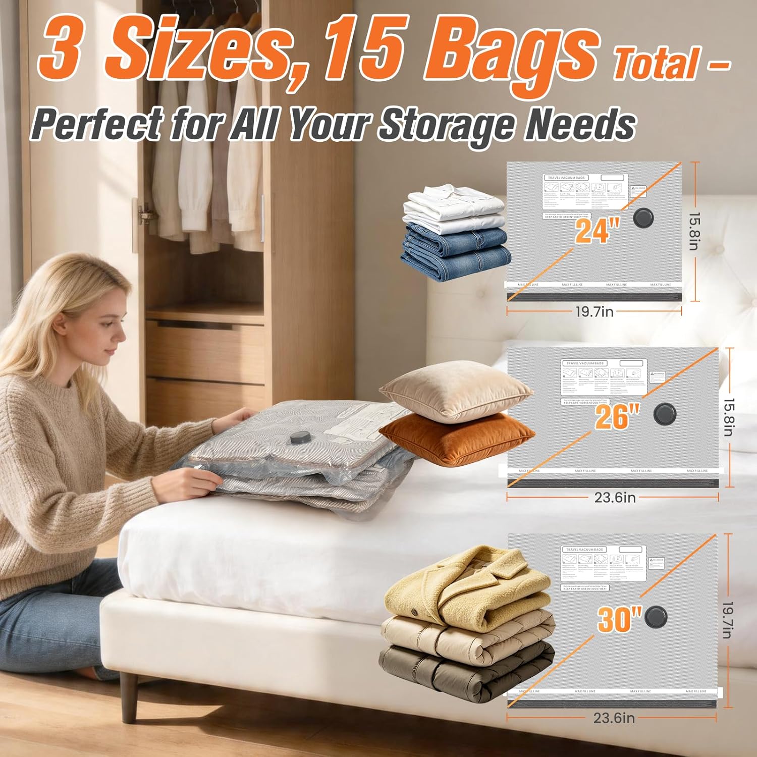 15 Pack Vacuum Storage Bags for Travel with Cordless Pump, Space Saver Bags for Clothes, Compression Packing Bags for Luggage, 15 Combo Size